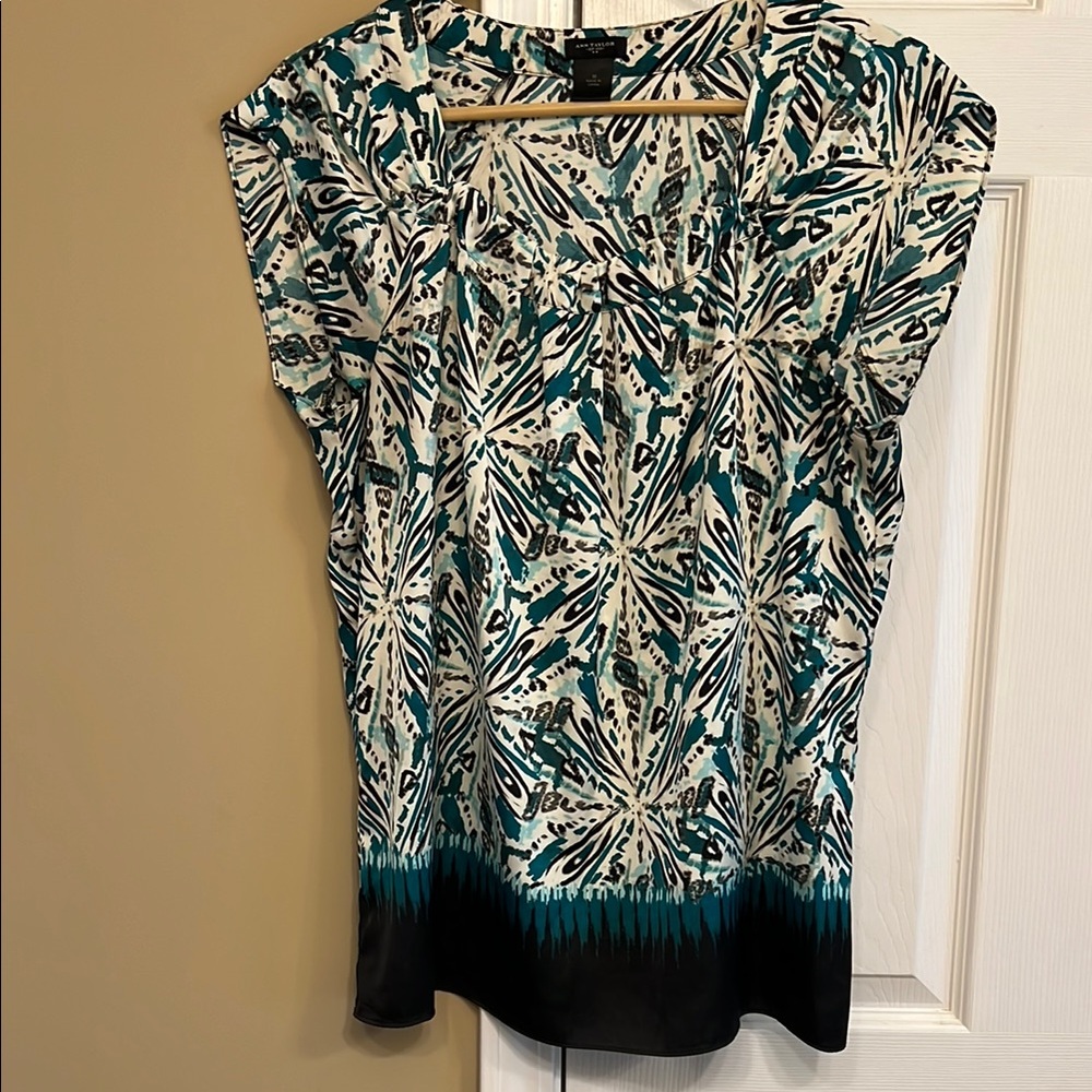Ann Taylor Black and Teal Patterned Blouse